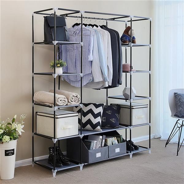 69" Portable Clothes Closet Wardrobe Storage Organizer with Non-Woven Fabric Quick and Easy to Assemble Extra Strong and Durable Gray awehax-if