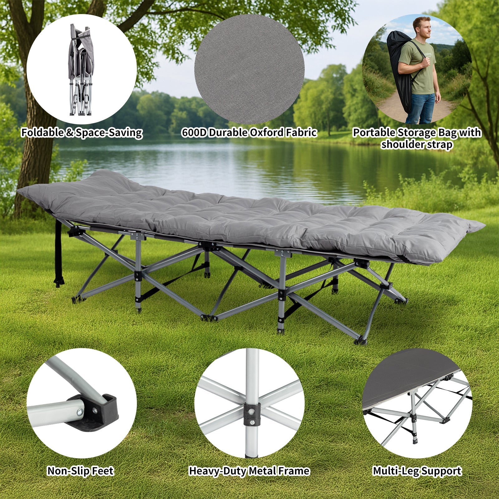 Folding Camping Cot Bed with Soft Pad, Portable Outdoor Cot awehax-if